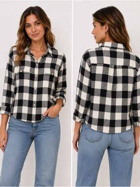 Gap Boyfriend Fit Black & White Buffalo Plaid Flannel Shirt S